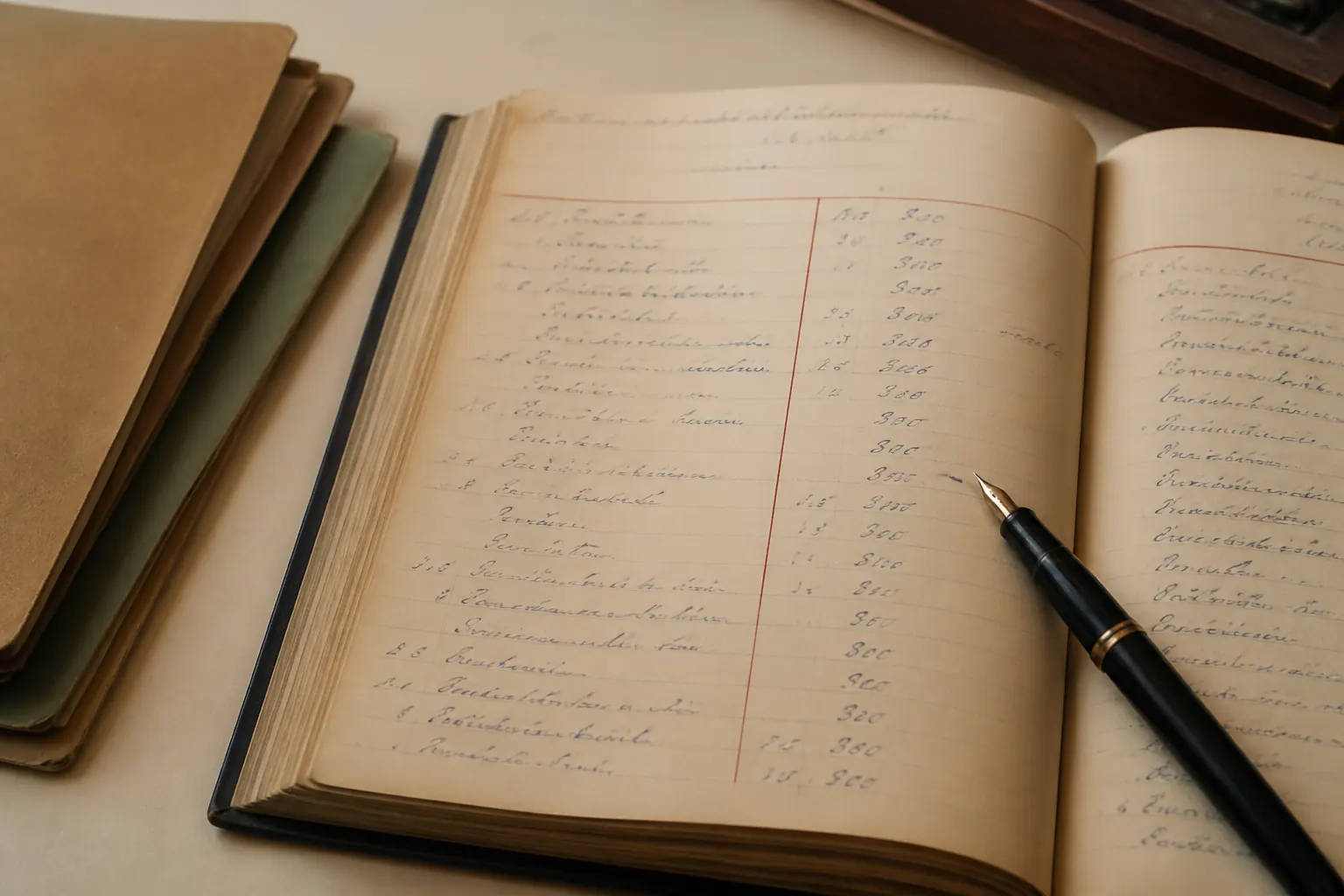 Grand livre ouvert à l'encre sur papier crème, une chemise kraft à côté.